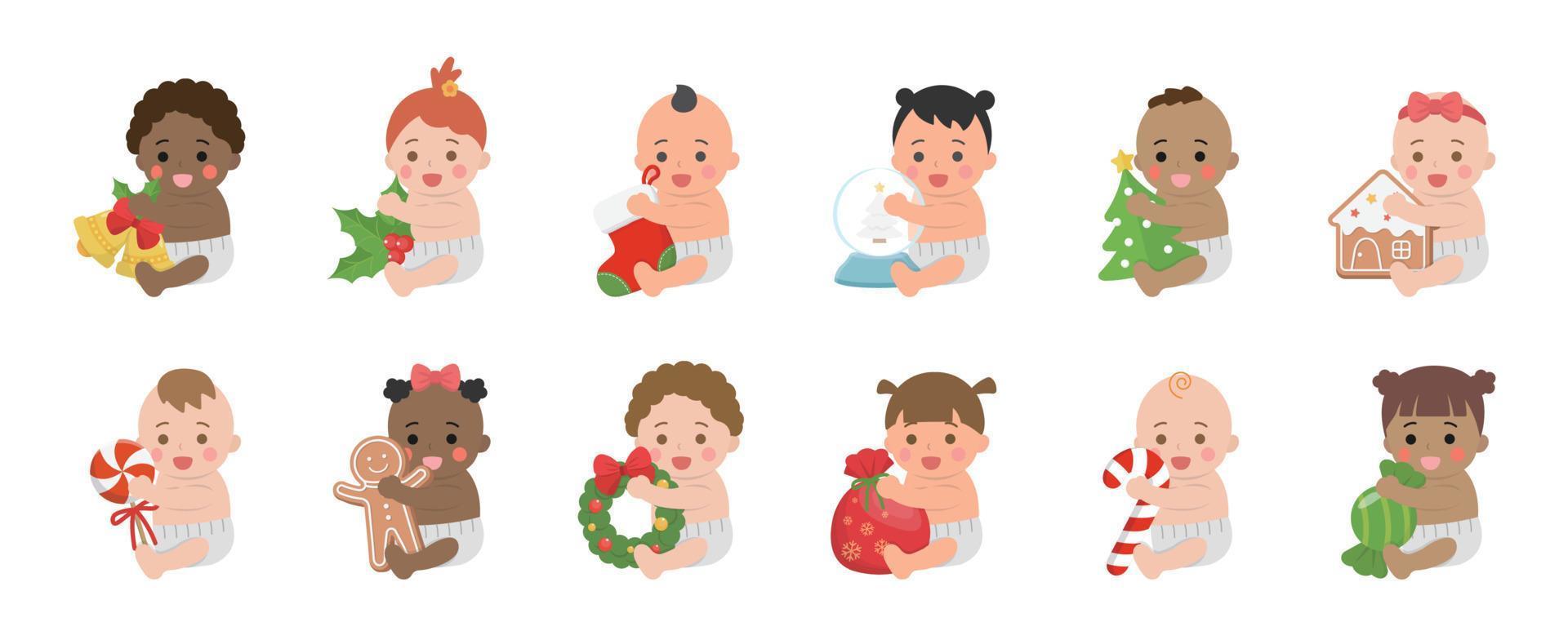 conjunto de bebés o niños pequeños felices y lindos con elementos de navidad o año nuevo, calcetín de navidad con árbol de navidad con pan de jengibre, estilo de dibujos animados vectoriales vector