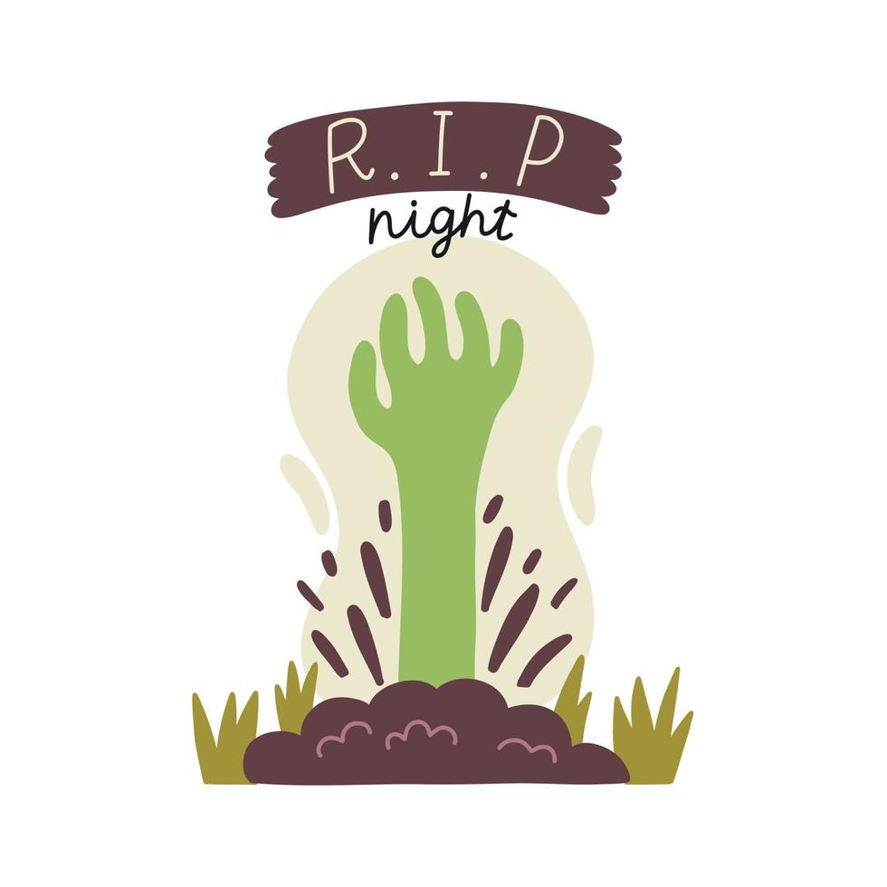 la mano zombi verde del muerto brota del suelo. Letras de vacaciones de temporada alta. gráfico de niños de halloween. dibujos animados vector plano clipart