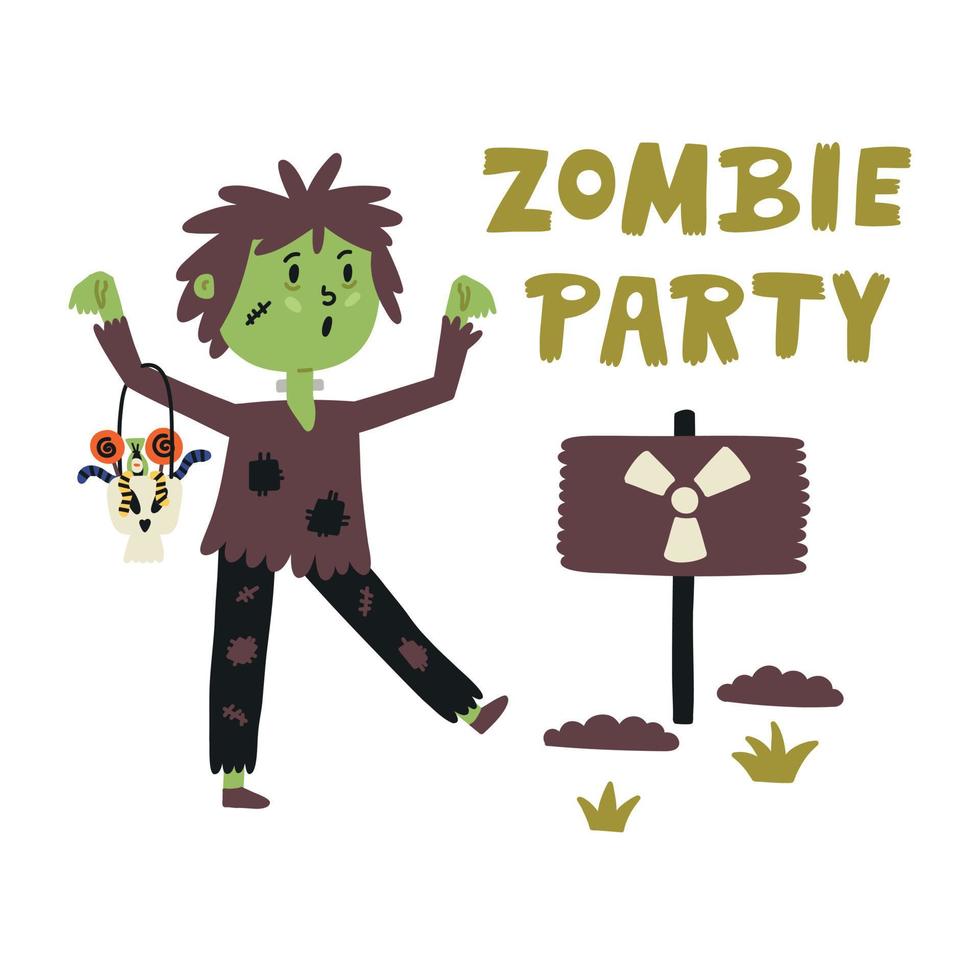 Cute zombie character with candy. Green Lettering Zombie Party Season Holiday. Halloween kids graphic. Cartoon flat vector clipart