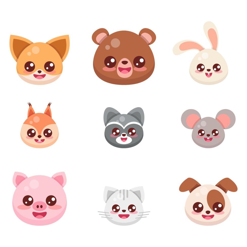 set of animal muzzles in cartoon style vector