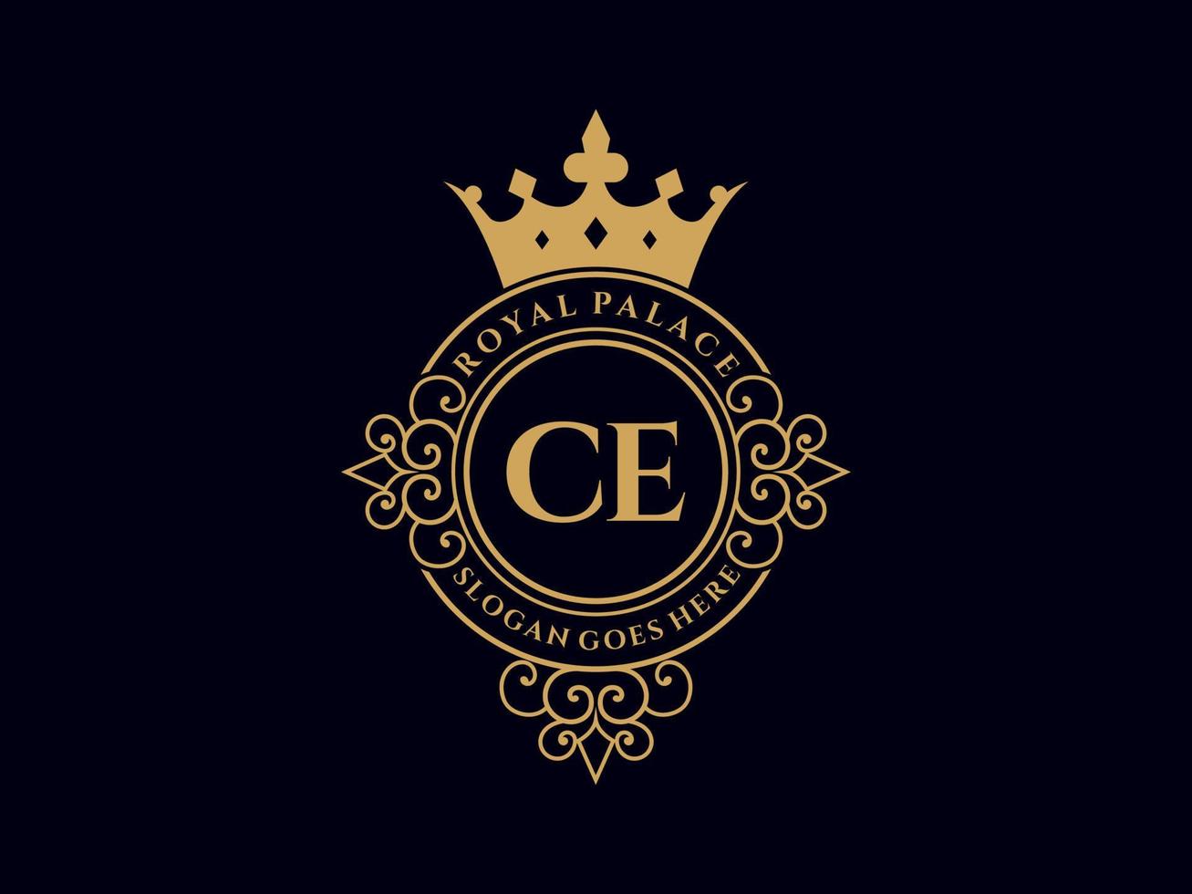 Letter CE Antique royal luxury victorian logo with ornamental frame. vector