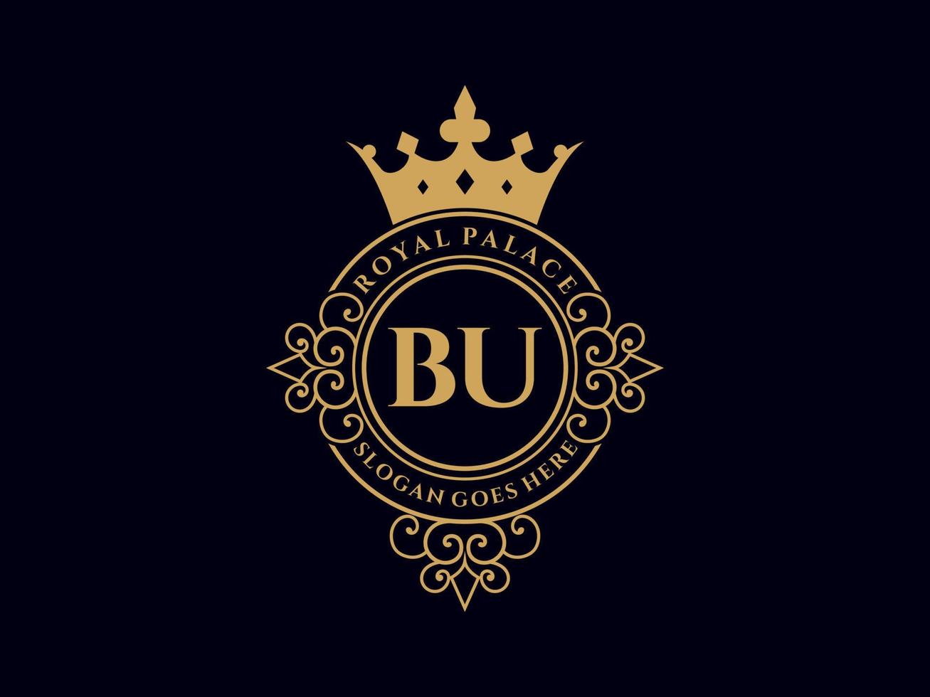 Letter BU Antique royal luxury victorian logo with ornamental frame. vector