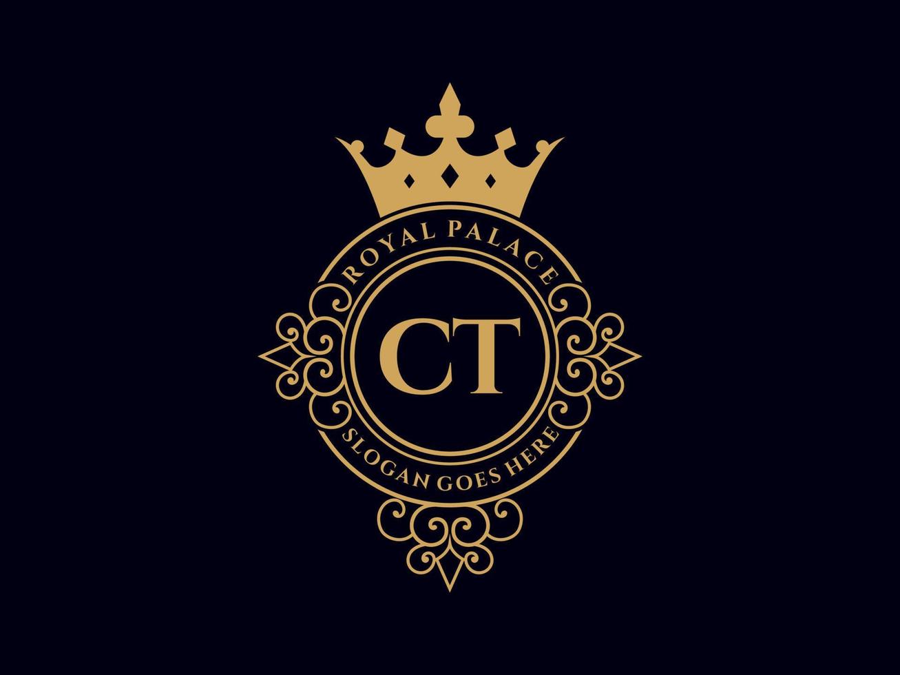 Letter CT Antique royal luxury victorian logo with ornamental frame. vector