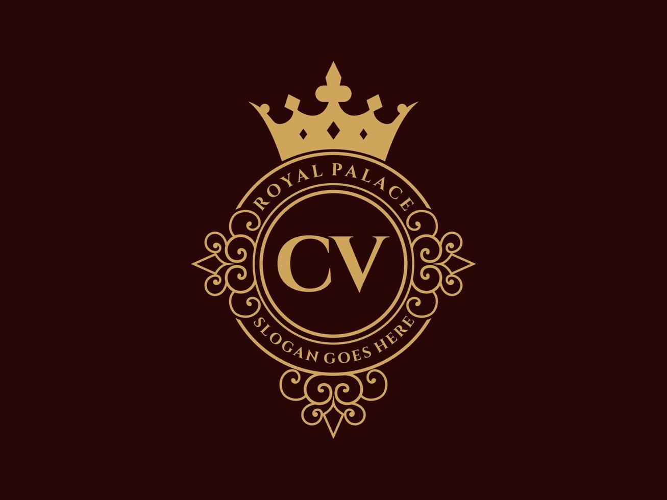 Letter CV Antique royal luxury victorian logo with ornamental frame. vector