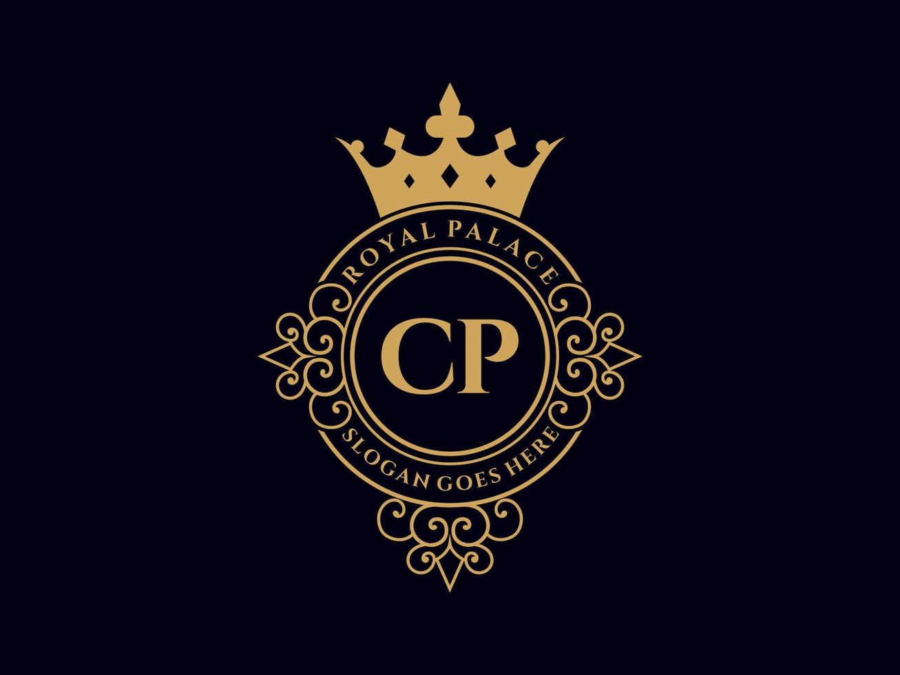 Letter CP Antique royal luxury victorian logo with ornamental frame. vector