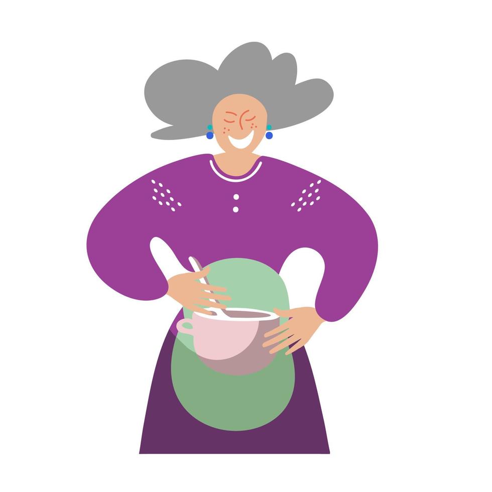 An elderly smiling woman is preparing lunch. A gray haired lady holds a saucepan in her hands vector