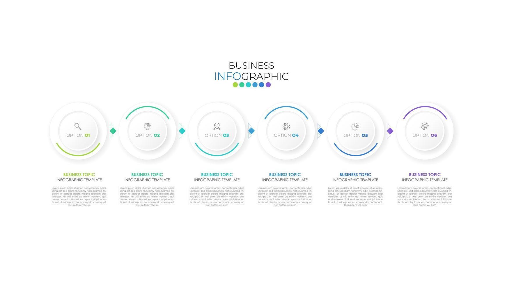 la plantilla de diseño infográfico se puede utilizar para presentación, banner, gráfico, flujo de negocios y diagrama. plantilla de línea de tiempo plana moderna con 6 opciones, partes, paso para el proceso. plantilla abstracta. vector