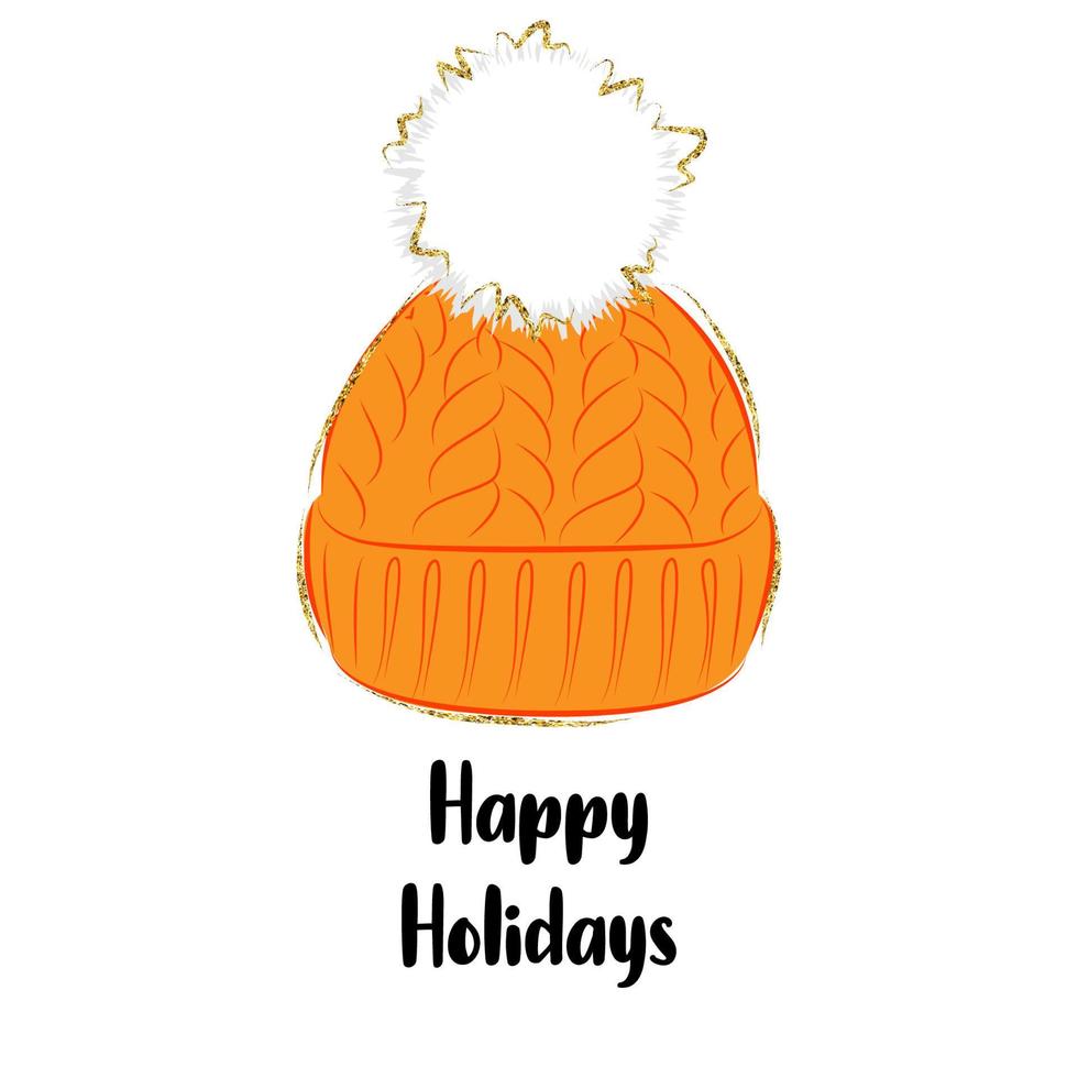 Christmas sticker, label or greeting card with knitted hat, vector illustration