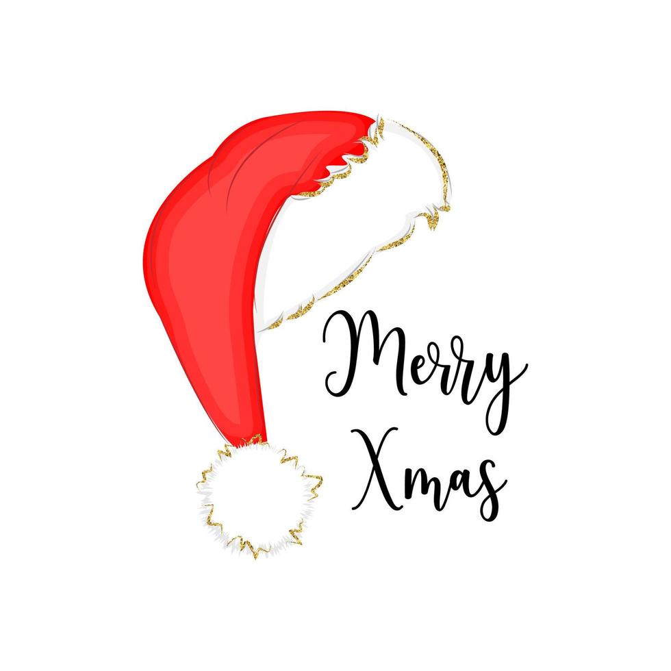Christmas sticker, label or greeting card with Santa Claus hat, vector illustration