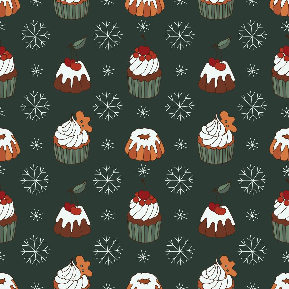 Christmas muffins with berry cute seamless pattern. Snow Cupcakes vector ornament for holiday wrapping paper.