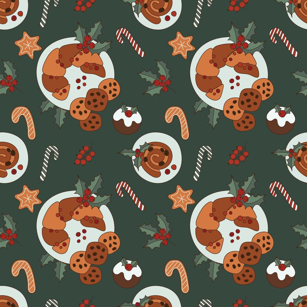 dulce navidad y feliz año nuevo estilo retro de patrones sin fisuras con dulces y pan de jengibre. ilustración vectorial vector