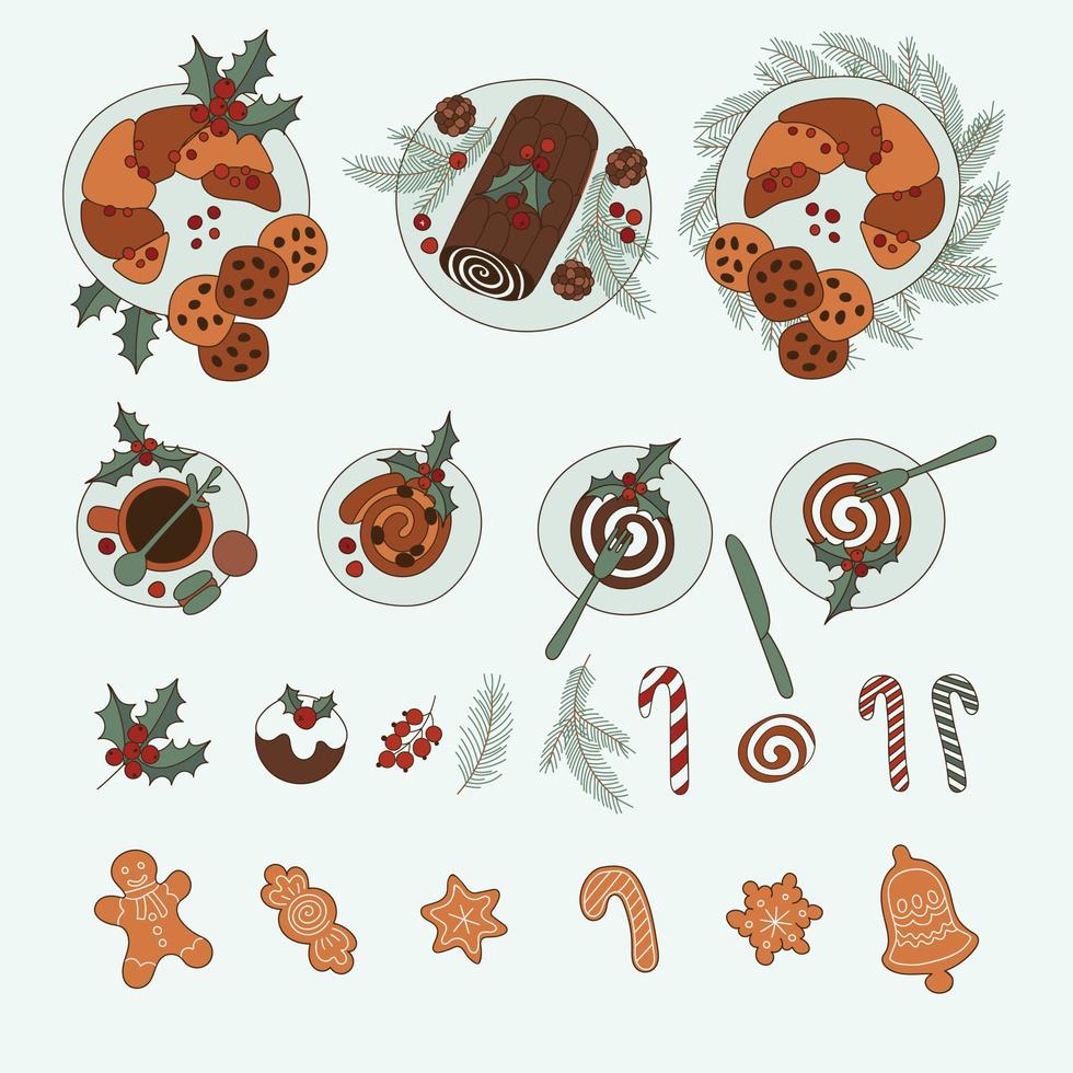 Christmas baking set of festive gingerbread cookies Vector illustration isolated on white background.