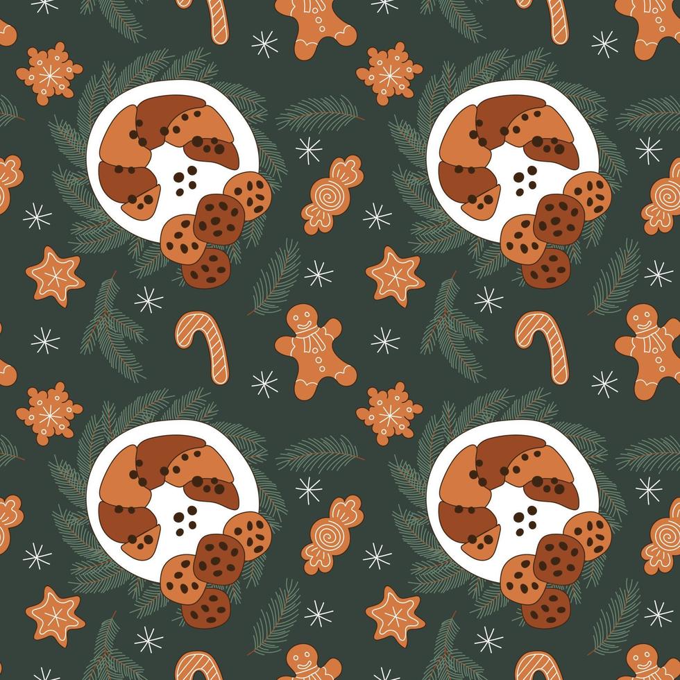 Gingerbread and candied cupcake Christmas holiday seamless pattern on emerald background. vector