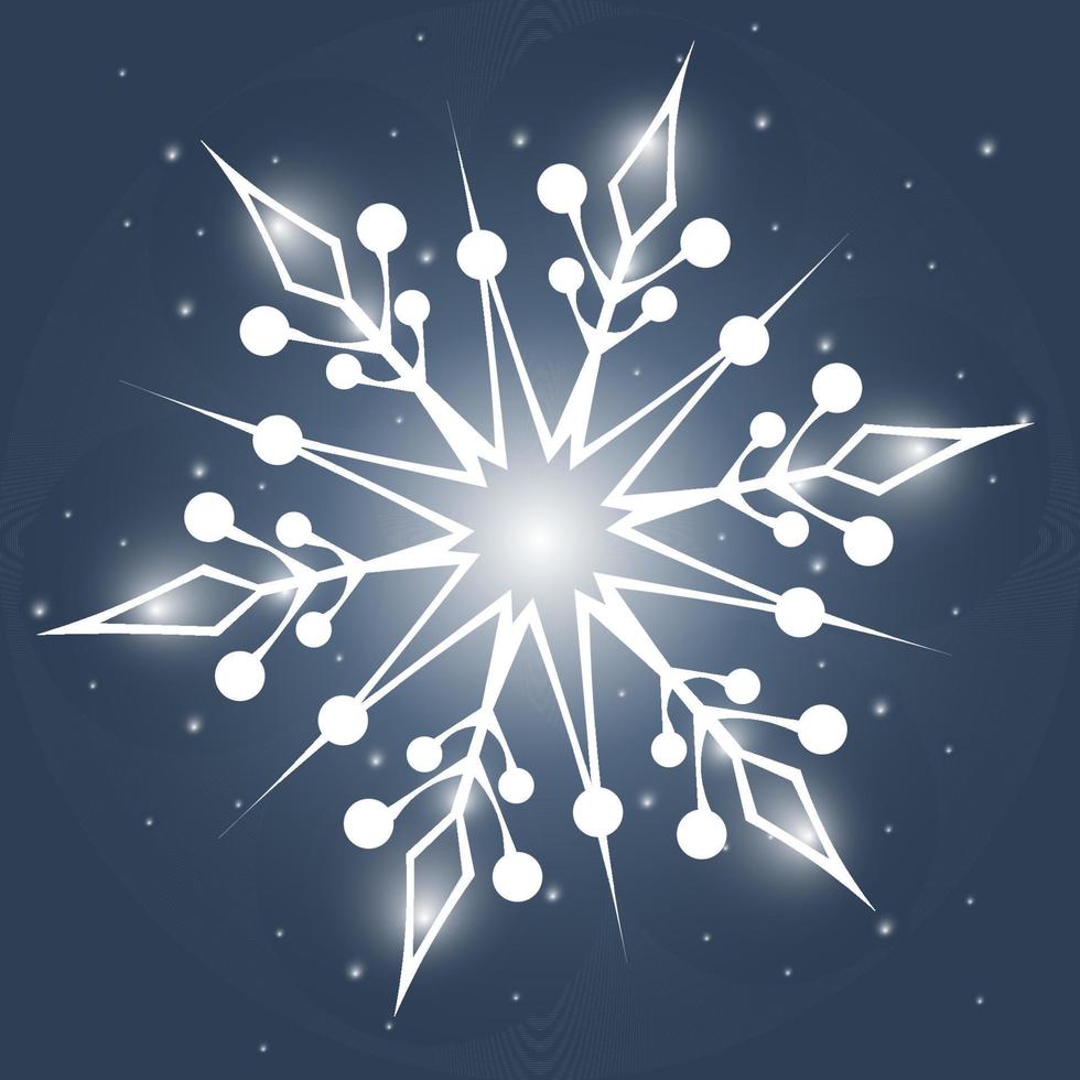 Big white shiny snowflake on the blue background with little lights vector