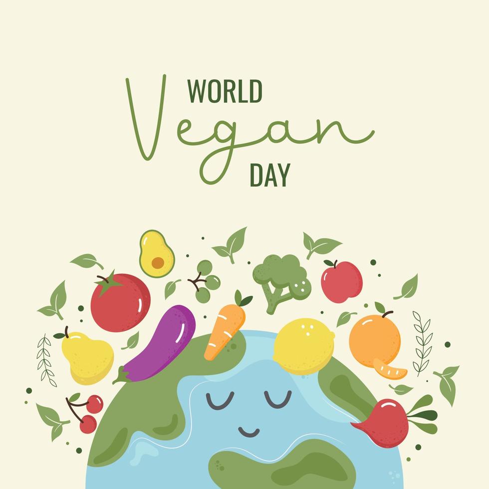 pancarta del día vegetariano con tierra y frutas y verduras a su alrededor. vector