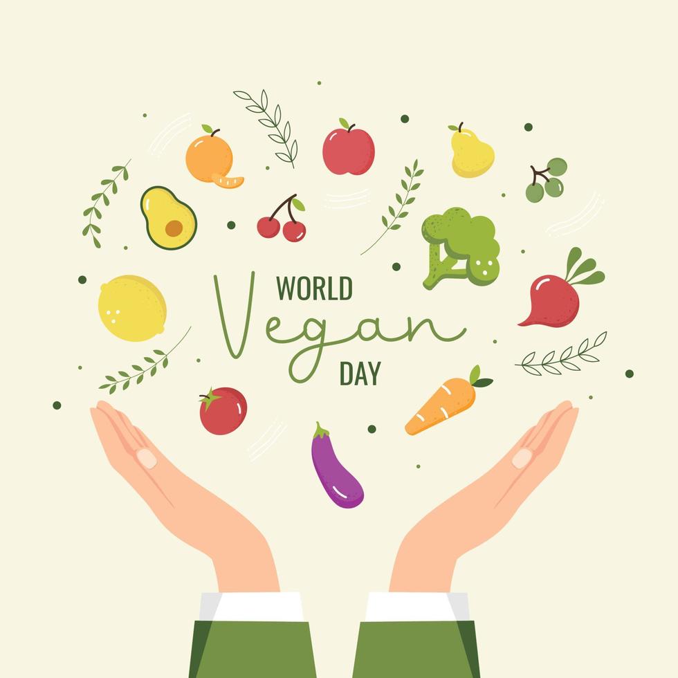 World Vegetarian Day, a vegan day concept with human hands and fresh fruit and vegetables. Vector