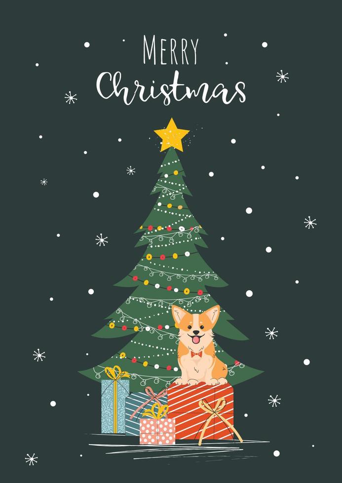 tarjeta de navidad y año nuevo con perro corgi con cajas de regalo y árbol de navidad decorado. vector. vector