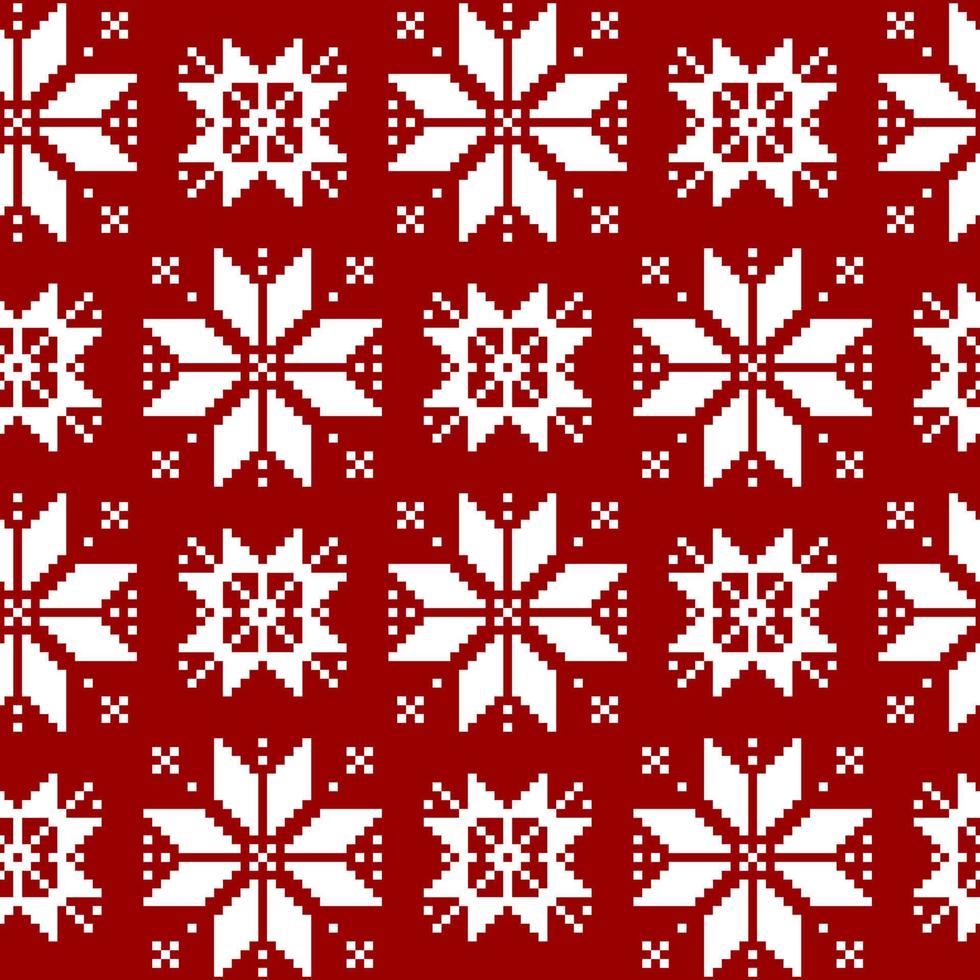 patrón navideño en tonos rojos y blancos clásicos. ilustración de invierno con copos de nieve y adornos geométricos. vector