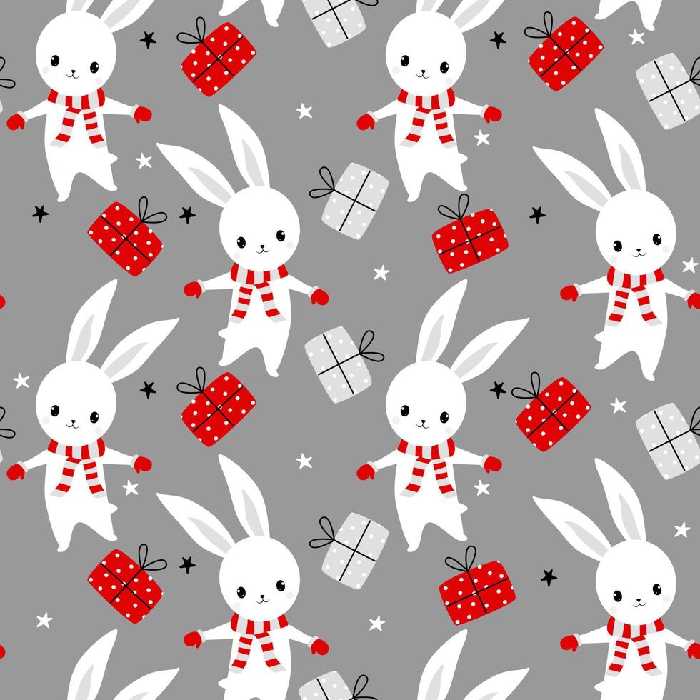 dibujos animados de conejos sin fisuras, estrellas y regalos en la ilustración de vector de fondo gris. tarjeta de felicitación feliz año nuevo.