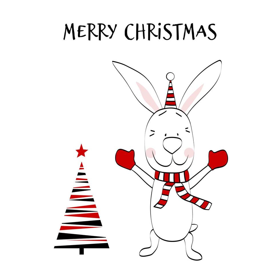 Funny bunny with a Christmas tree. Happy new year greeting card. vector