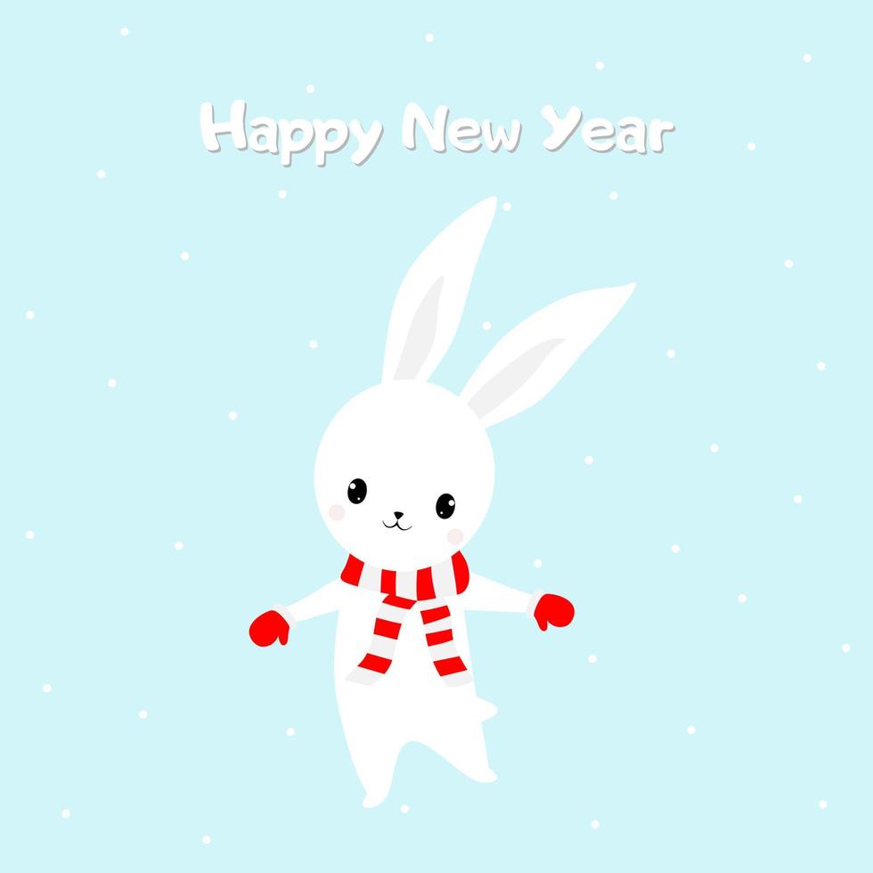 Rabbit cartoons, snowflakes on blue background vector illustration. Cute childish print. Greeting card Happy New Year.