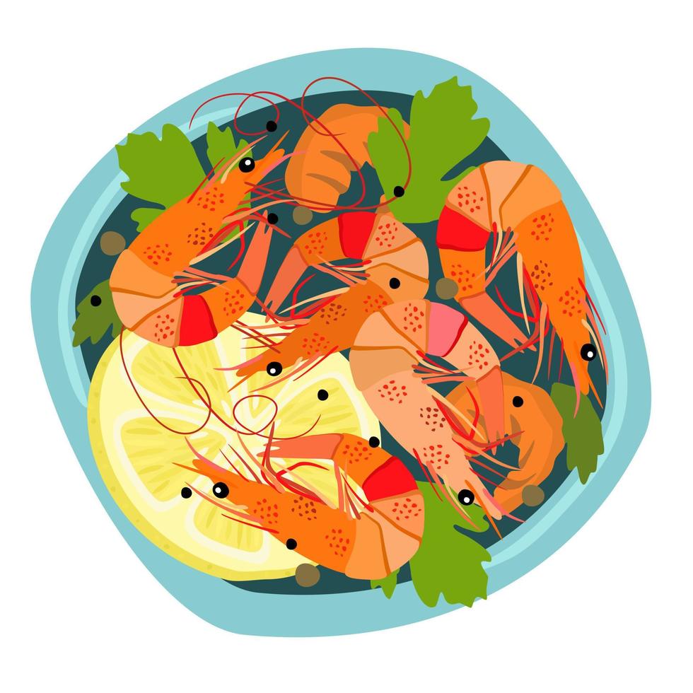 Vector bright isolated illustration of a plate with shrimps.