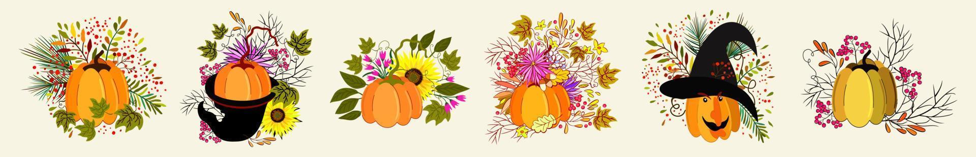 Vector set of six autumn bouquets with pumpkin, leaves, acorns, sunflowers, conifer and berries.