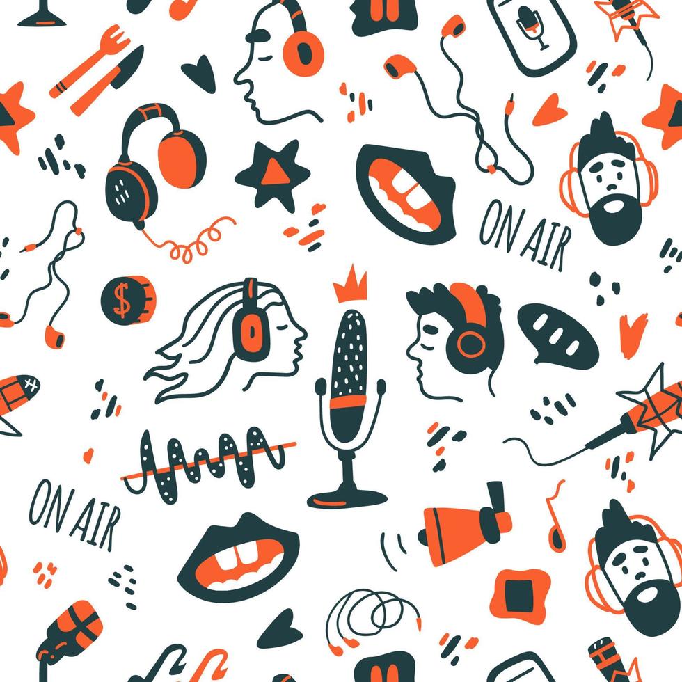 Podcast seamless vector pattern.  Handdrawn elements. Heads in headphones, microphones, earphones, speeking mouth etc