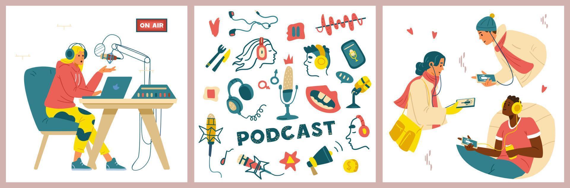Podcast set of flat vector cards with woman recording podcast show, people in headphones listening to audio, bundle of elements.