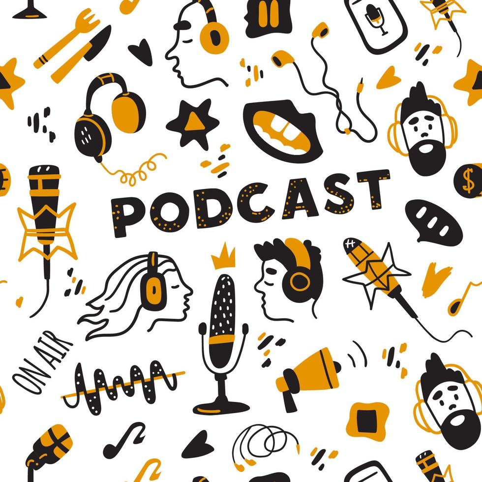 Podcast seamless vector pattern.  Handdrawn elements. Heads in headphones, microphones, earphones, speking mouth etc