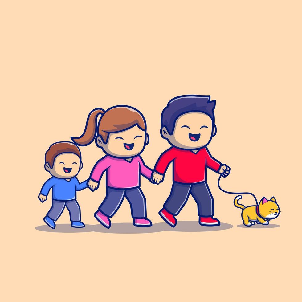 linda familia caminando dibujos animados vector icono ilustración. gente deporte icono concepto aislado premium vector. estilo de dibujos animados plana