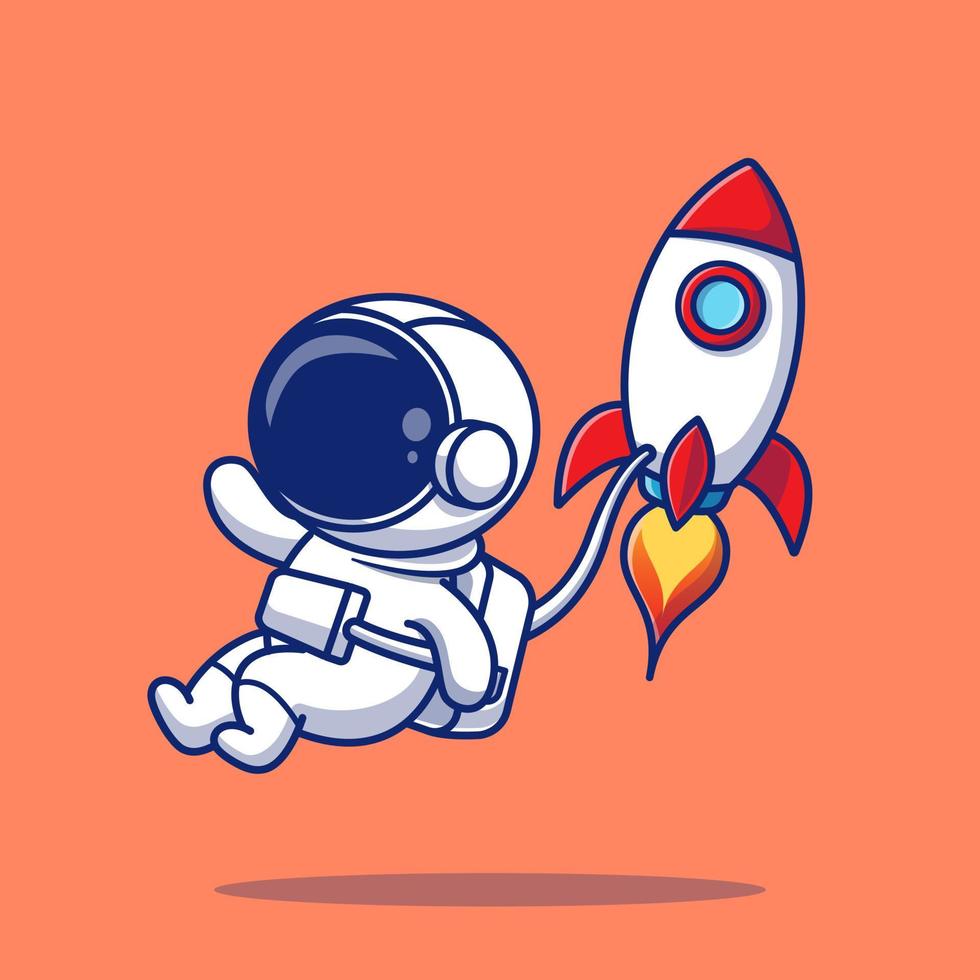 lindo astronauta volando con ilustración de icono de vector de dibujos animados de cohete. concepto de icono de ciencia de personas vector premium aislado. estilo de dibujos animados plana