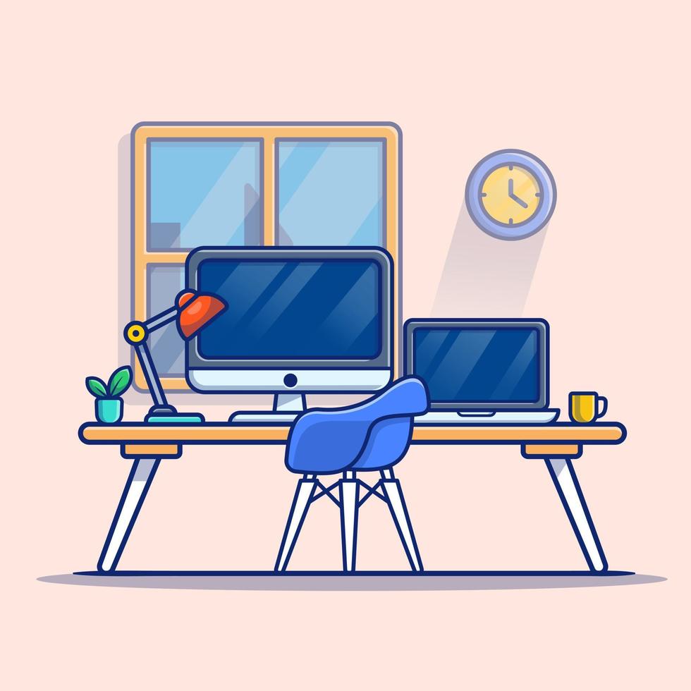 Workspace Computer Laptop With Lamp And Coffee Cartoon Vector Icon Illustration. Workplace Technology Icon Concept Isolated Premium Vector. Flat Cartoon Style