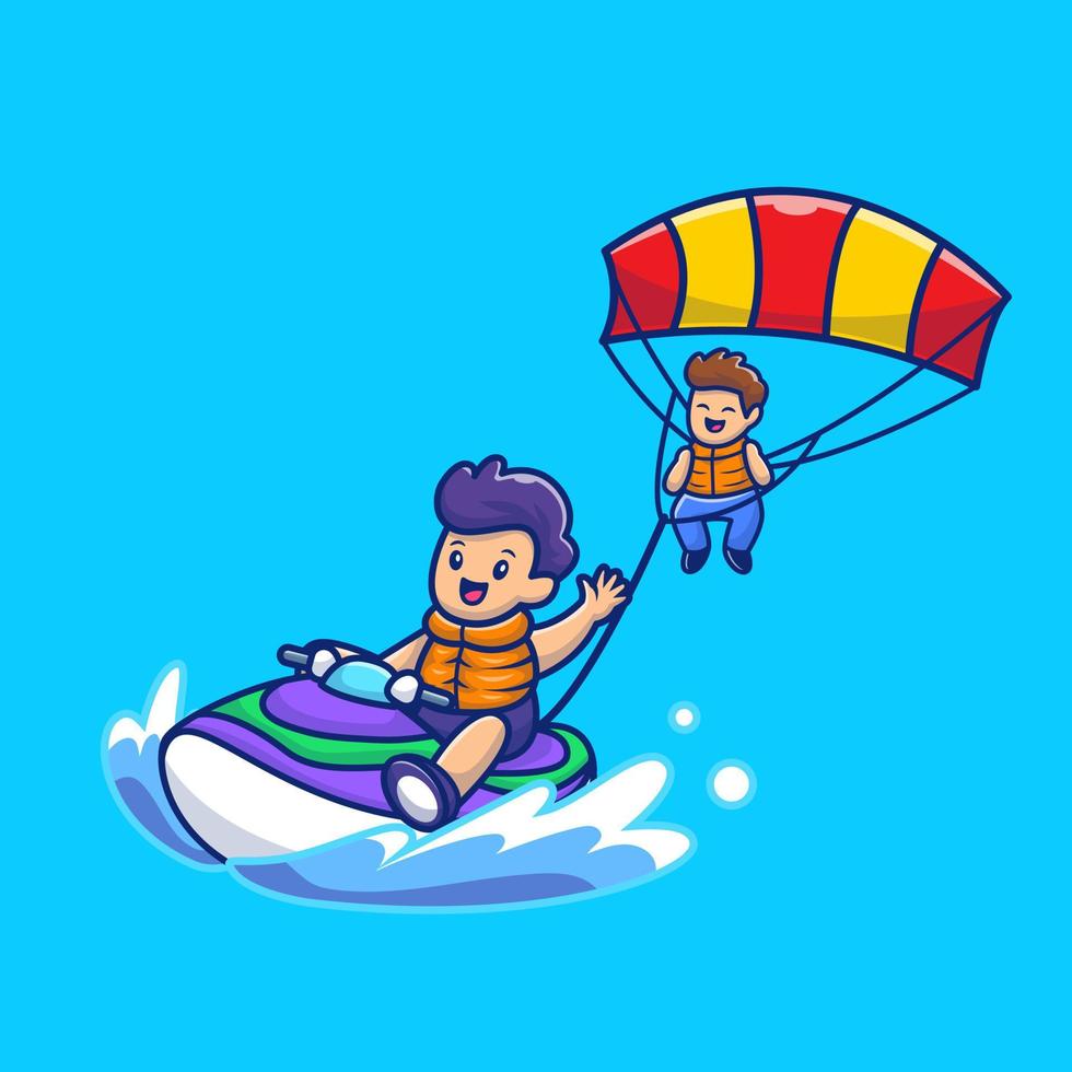 gente linda jugando parapente con ilustración de icono de vector de dibujos animados de lancha motora de velocidad. gente deporte icono concepto aislado premium vector. estilo de dibujos animados plana