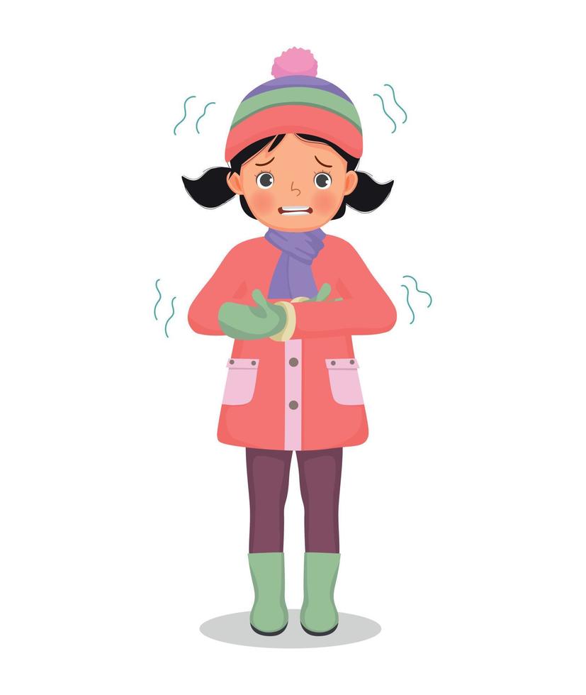 cute little girl feeling cold trembling wear warm winter clothes vector