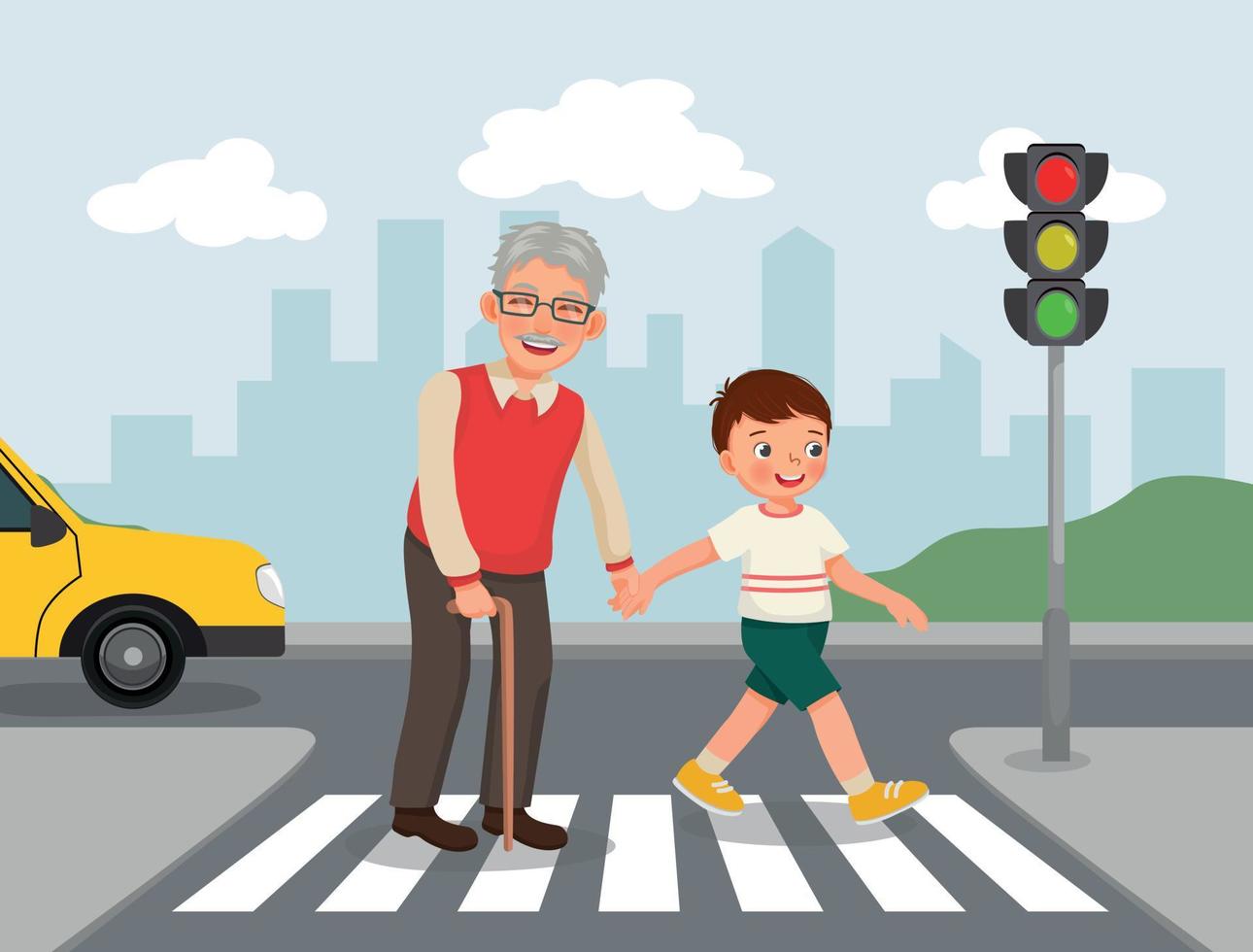 Cute little boy help elderly grandfather crossing street at the pedestrian traffic vector