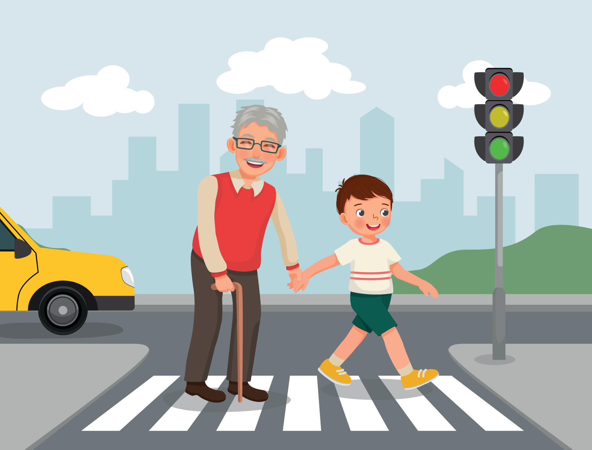 Cute little boy help elderly grandfather crossing street at the pedestrian  traffic 13432910 Vector Art at Vecteezy