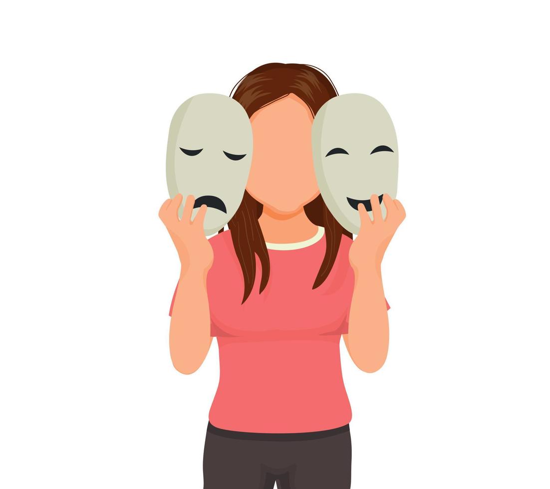 mujer joven sufre de trastorno bipolar depresión maníaca con dos expresiones faciales de cara feliz y triste que se muestran en máscara facial vector