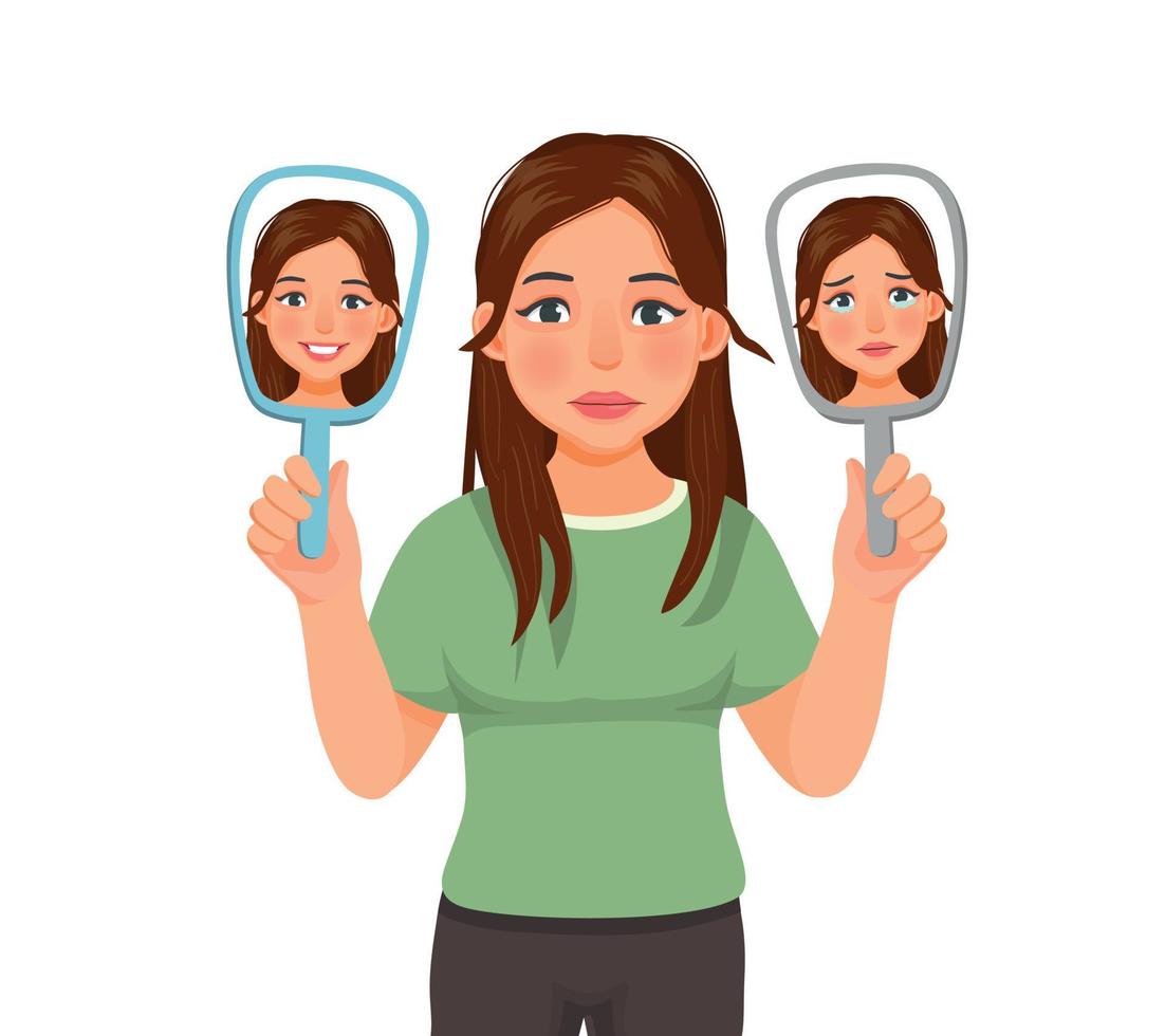 Young woman suffer from bipolar disorder manic depression with two faced expressions of happy and sad face showing in the mirror vector