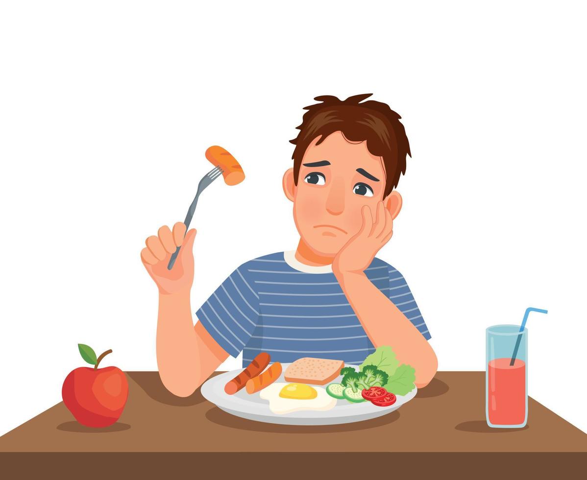 Young man has no appetite to eat food sitting in front of breakfast at table vector