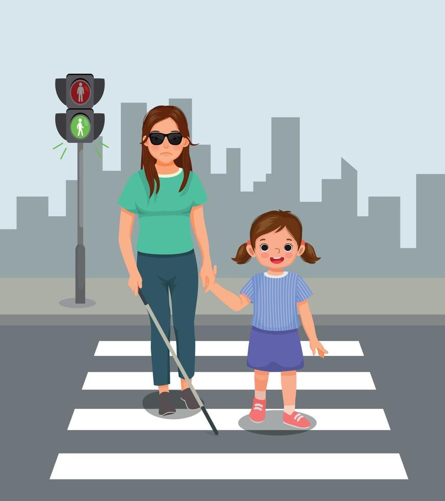 Cute little girl helping blind woman crossing street at the pedestrian traffic vector