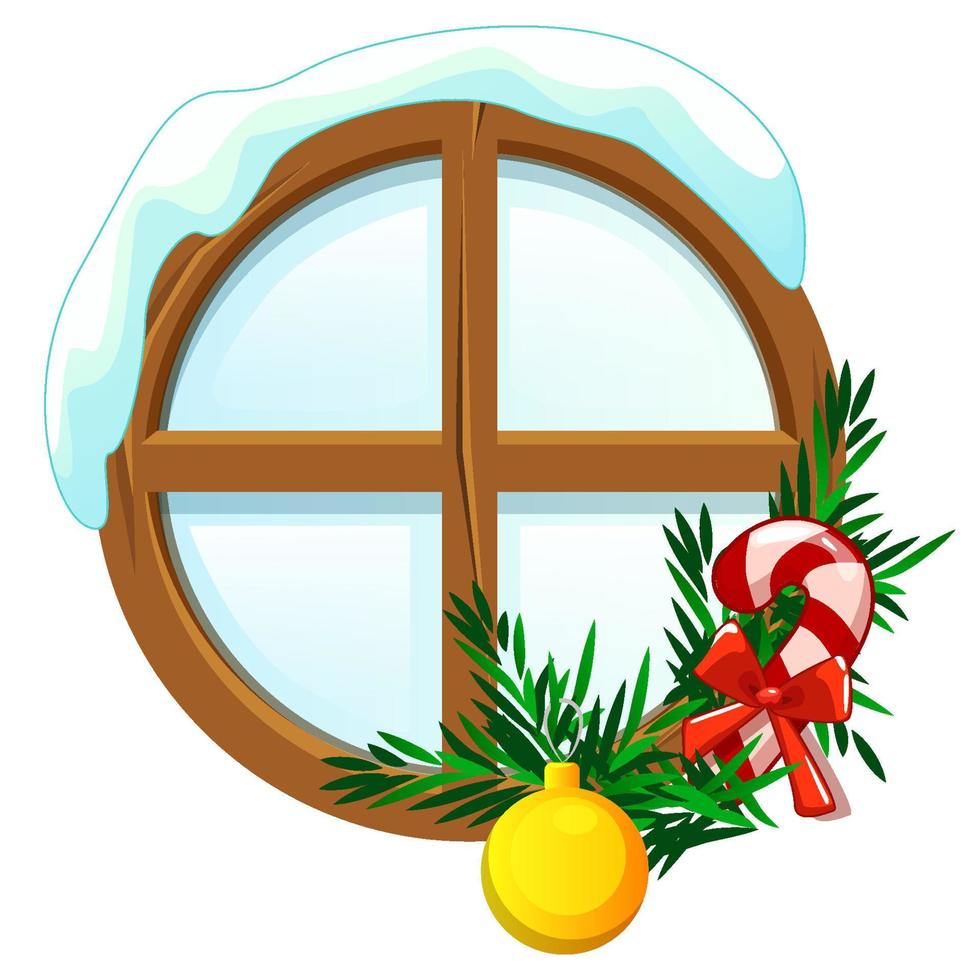 Christmas window with snow, lollipop and Christmas tree vector