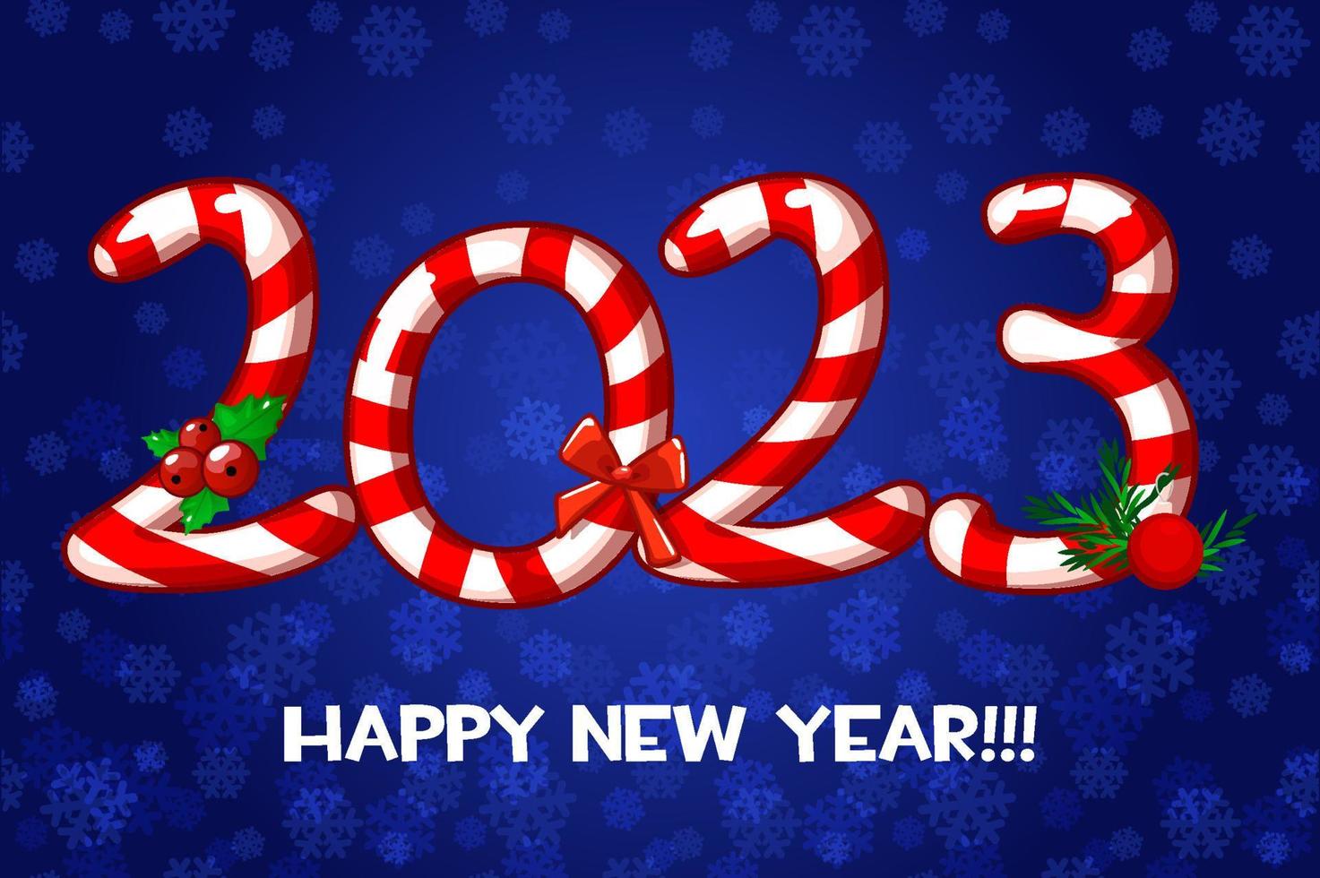 Greeting card or poster Happy New Year 2023 with candy. Vector illustration festive card with cute sweets.