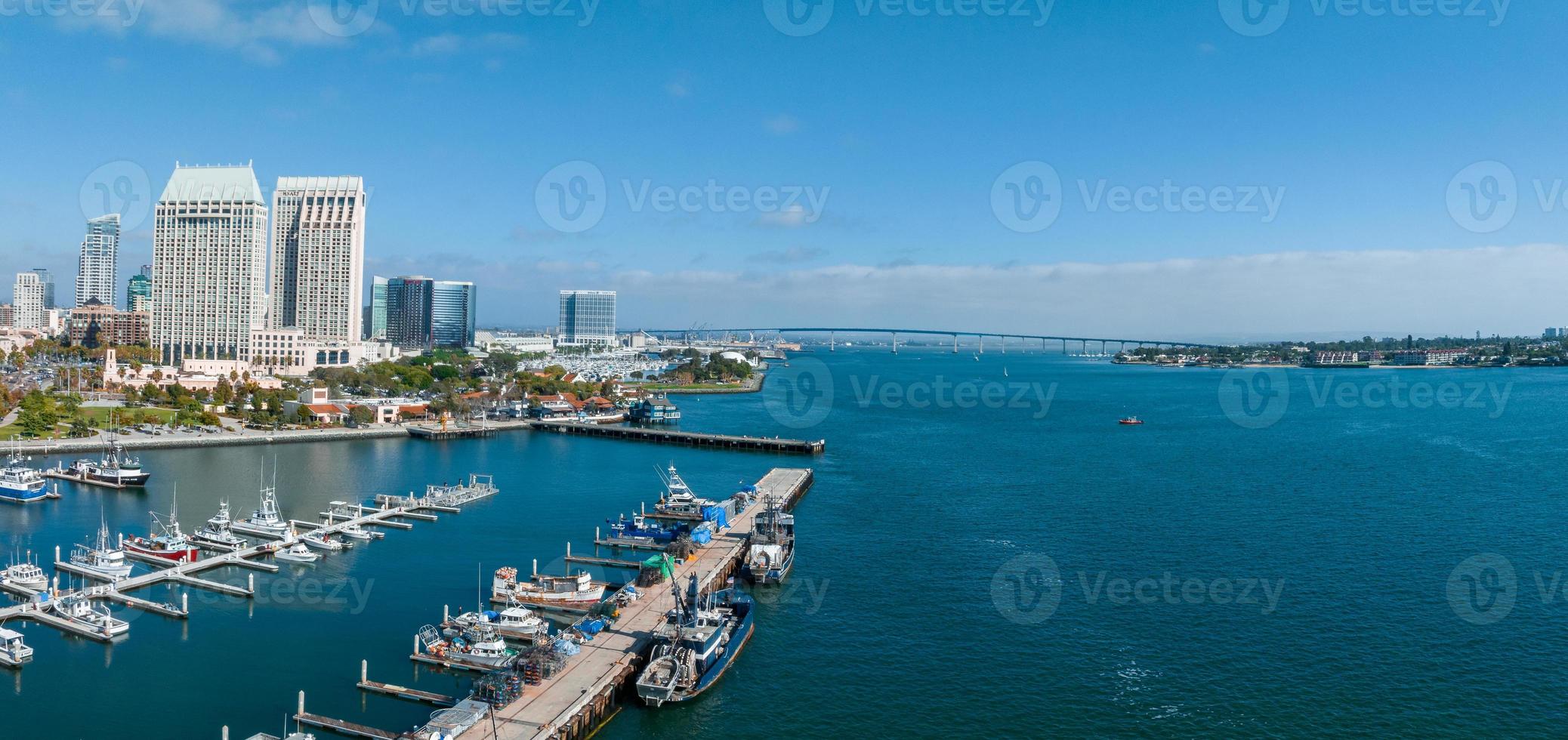 Panorama aerial view of Coronado Bridge with San Diego skyline photo