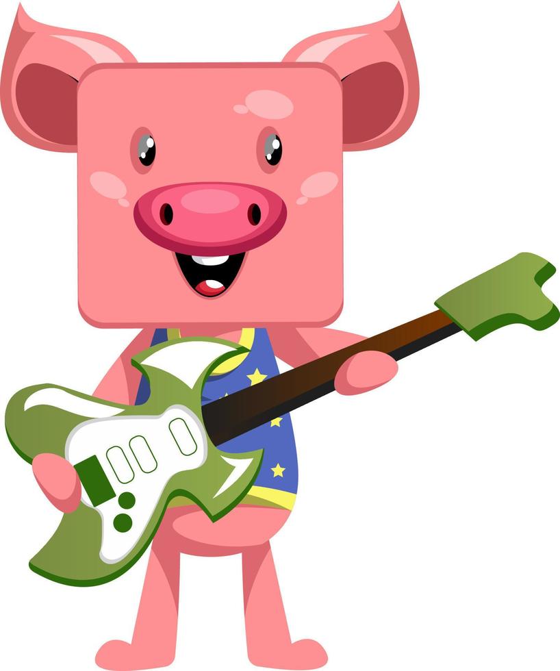 Pig with guitar, illustration, vector on white background.