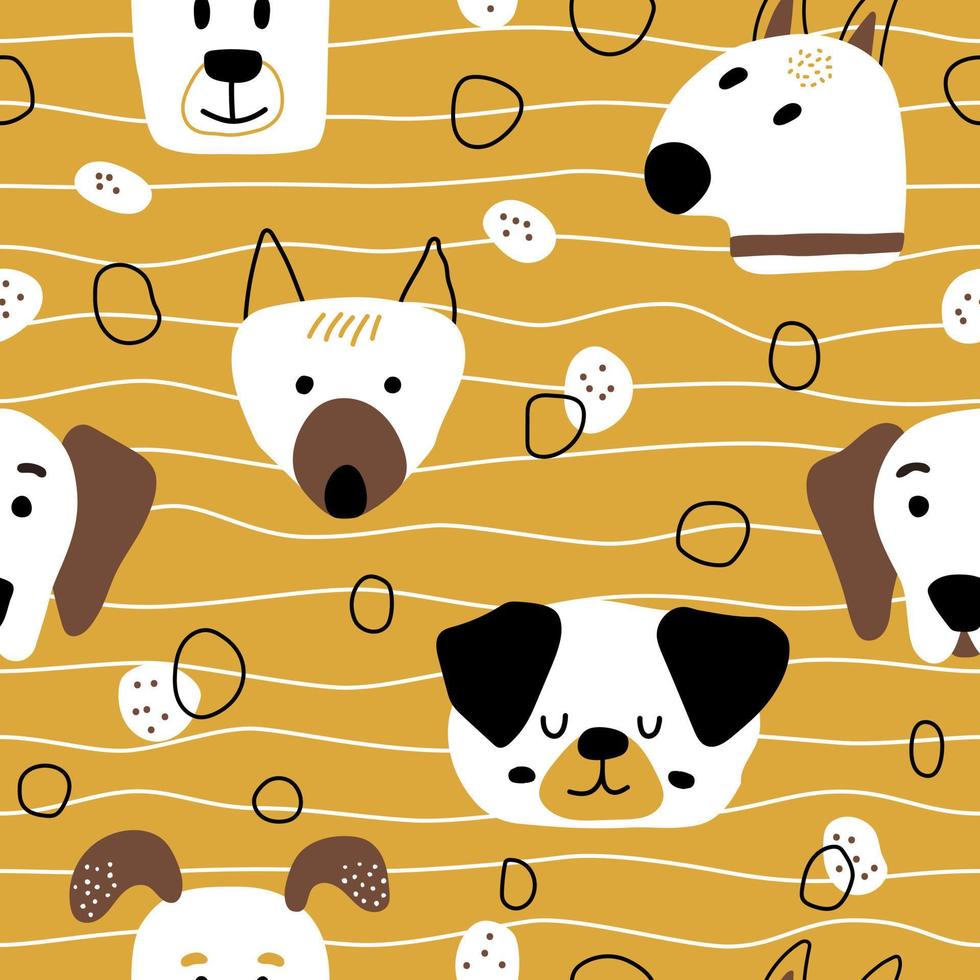 lindas caras de perro sobre fondo amarillo en estilo escandinavo con los elementos abstractos. patrón de niños sin costuras con mascotas. la impresión es ideal para un vestuario, cuarto de niños, papel pintado, papel de regalo vector