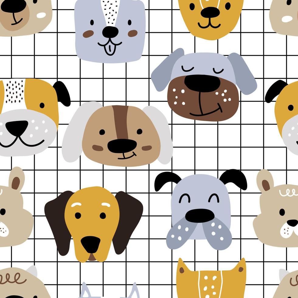 Childish Scandinavian hand-drawn dogs on a white checkered background. Trendy seamless pattern vector background. Ideal for kids clothing, fabric, textiles, nursery, wrapping paper