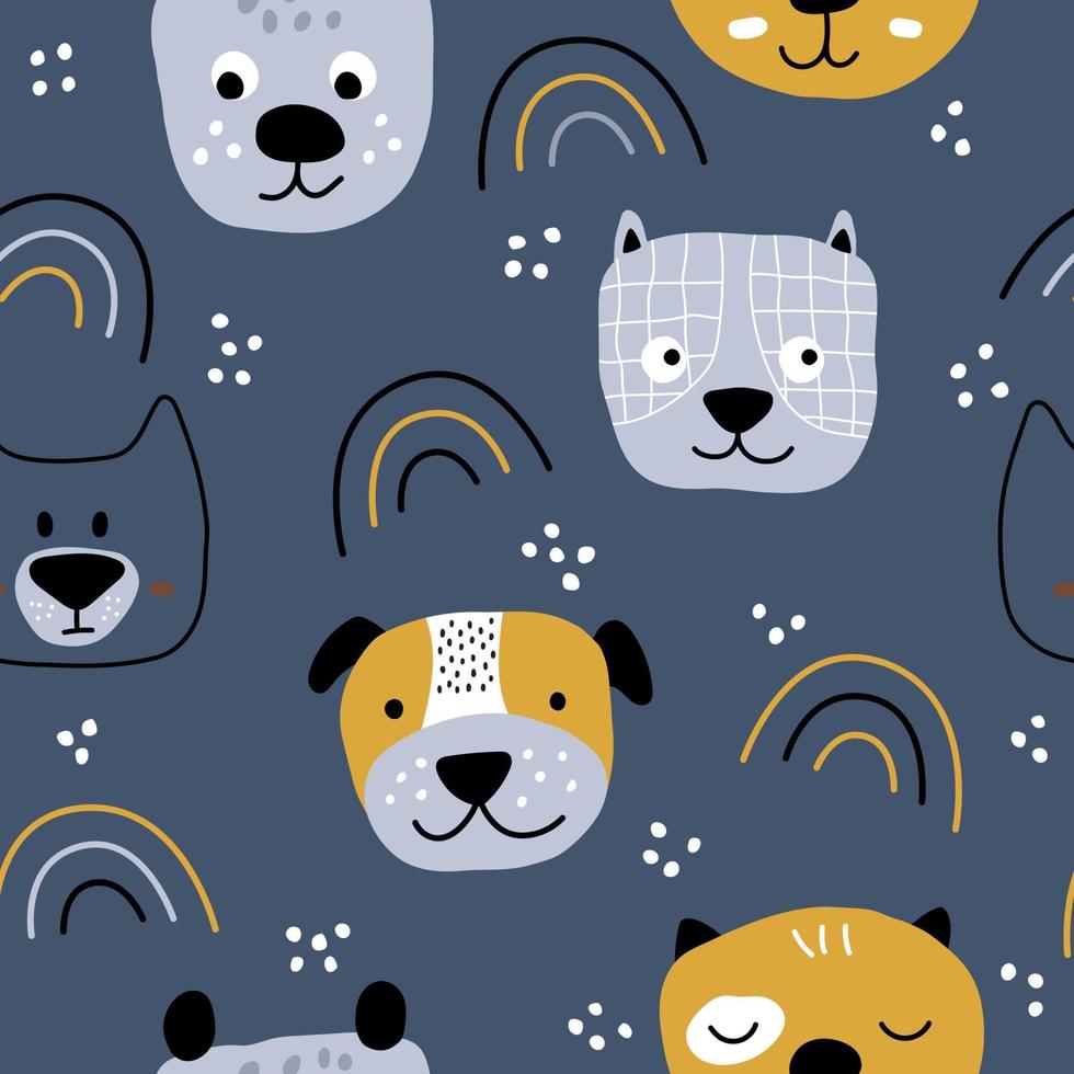 Cute dog faces on navy background in Scandinavian style with rainbow. Seamless kids pattern with pets. The print is ideal for a changing room, nursery room, wallpaper, wrapping paper, or fabric. vector