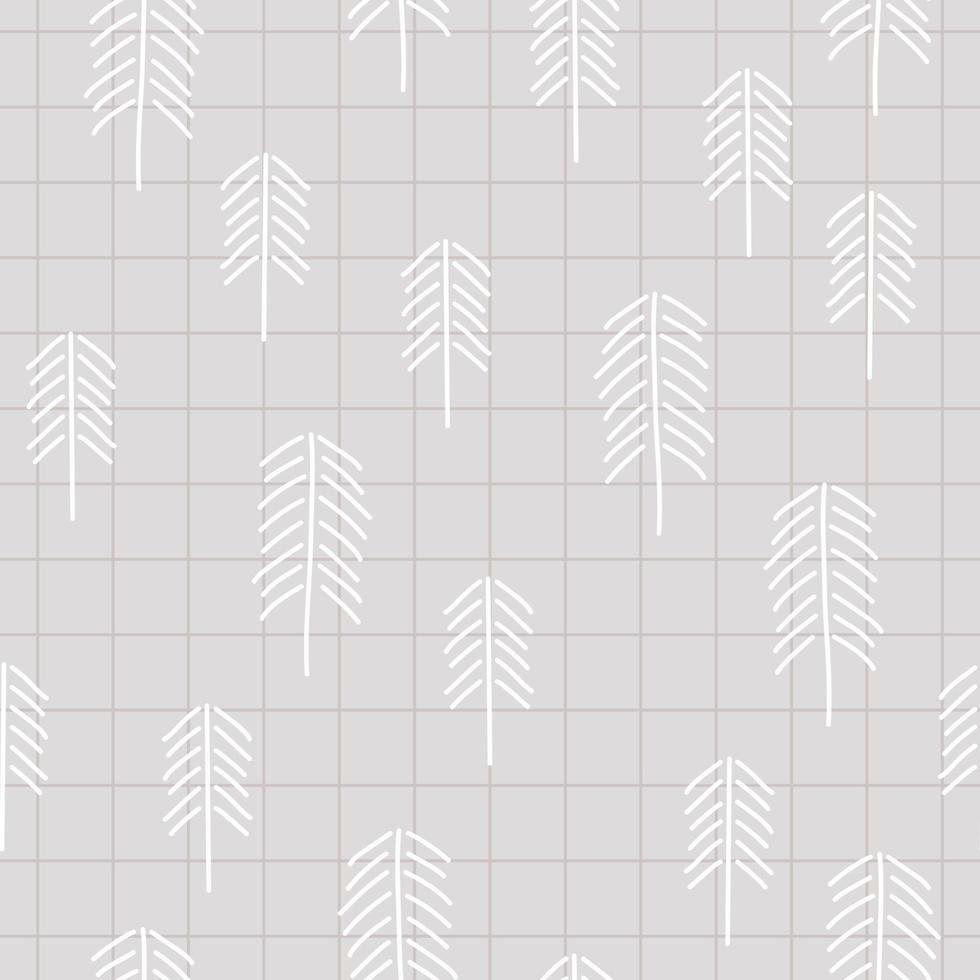 Gray abstract neutral checkered background with white Christmas trees. Vector simple seamless pattern. The print is minimalist, gender neutral