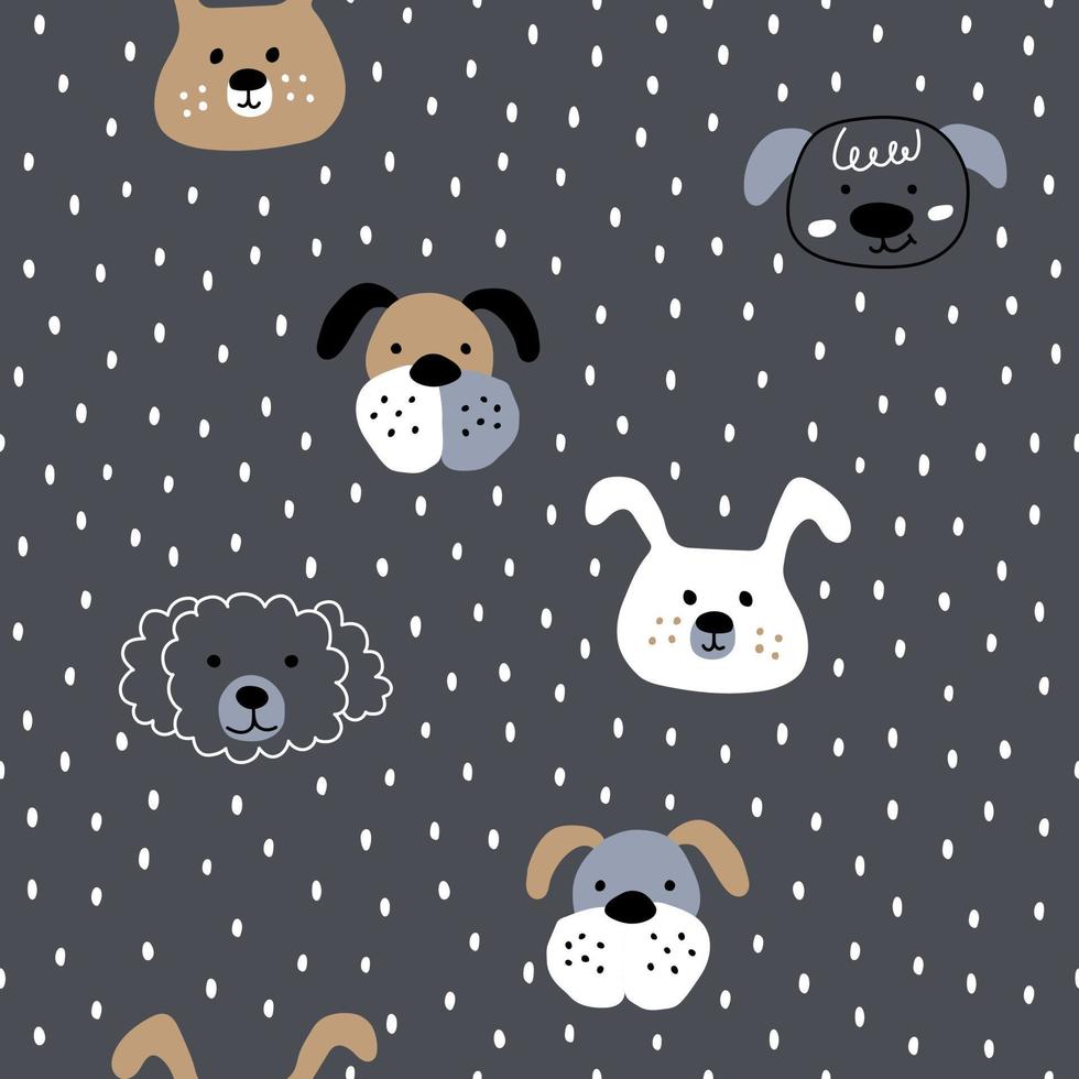 Hand drawn different dog faces on gray. Cute animal heads of different breeds, abstract. Seamless pattern with vector illustrations of dogs for a nursery or changing room.